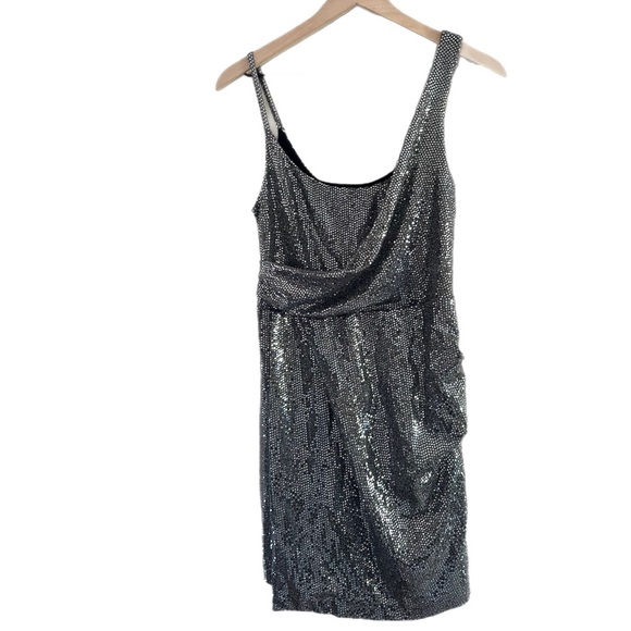 EXPRESS Metallic Sequin Asymmetrical Sleeveless Sheath Dress - Picture 2 of 13